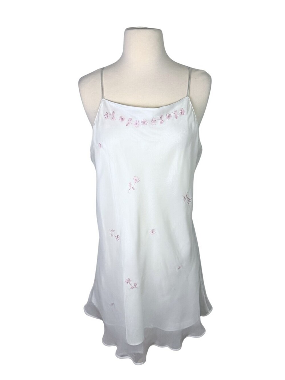 Vintage Satin Chemise White Embroidered Cami Fairycore Coquette Large